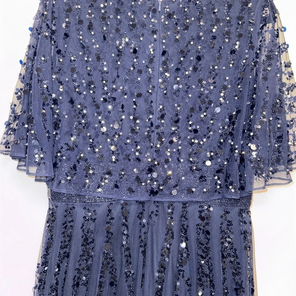 NWT | Mac Duggal Blue 93784 Midnight Blue Maxi Gown Flutter Sleeves Size 10 - Picture 10 of 15